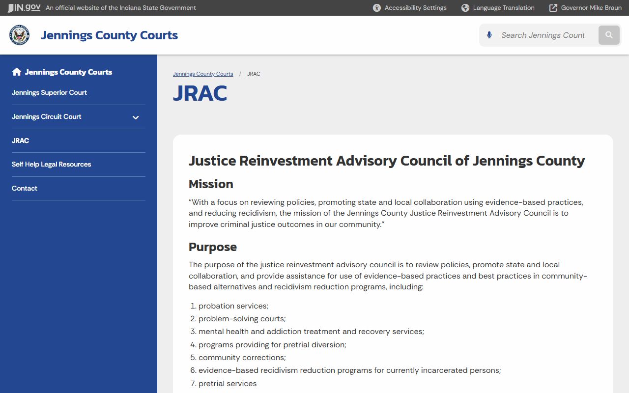 Jennings County arrest records and court charge records on the JRAC page