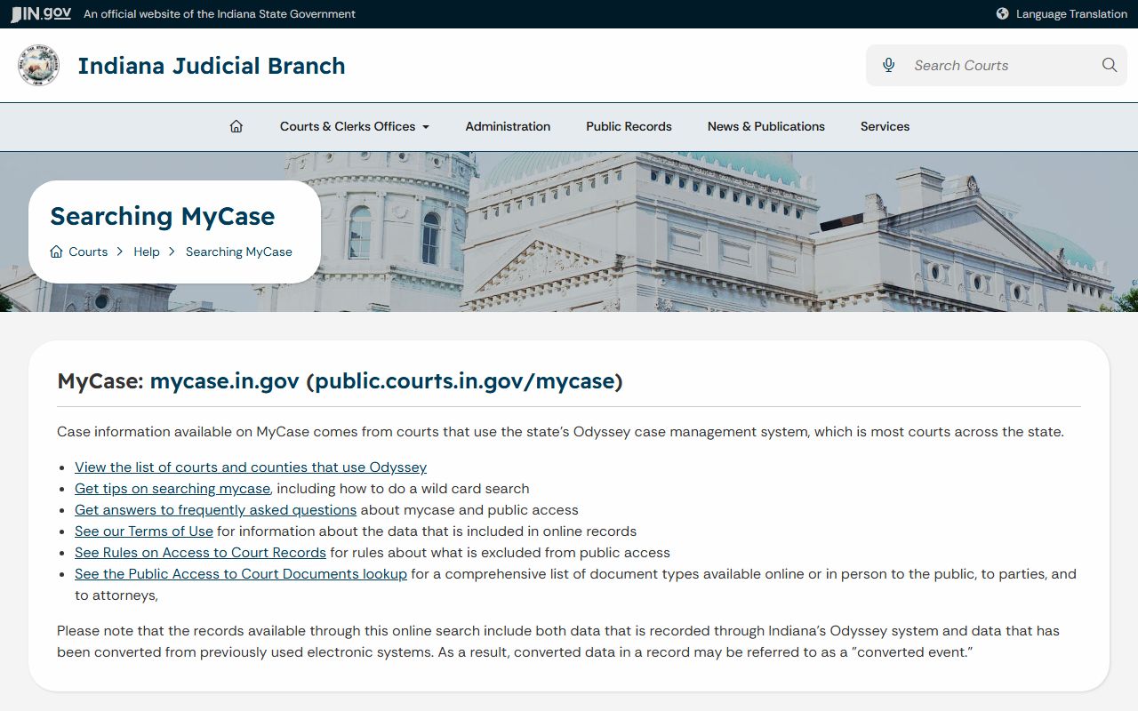 Jennings County court records official MyCase help page