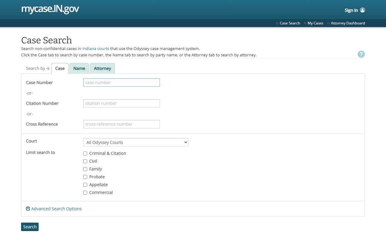 Jennings County court records direct MyCase application page