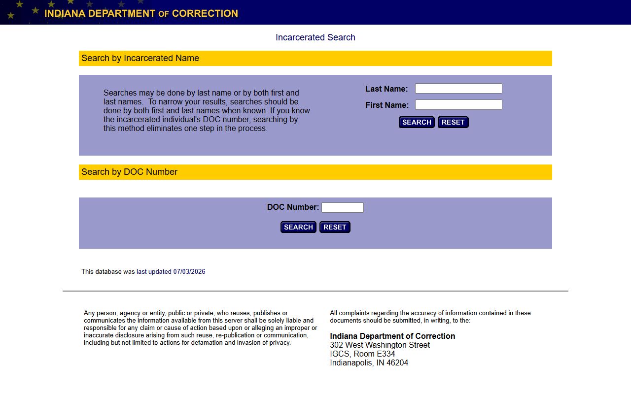 Jennings County inmate lookup through Indiana DOC offender search