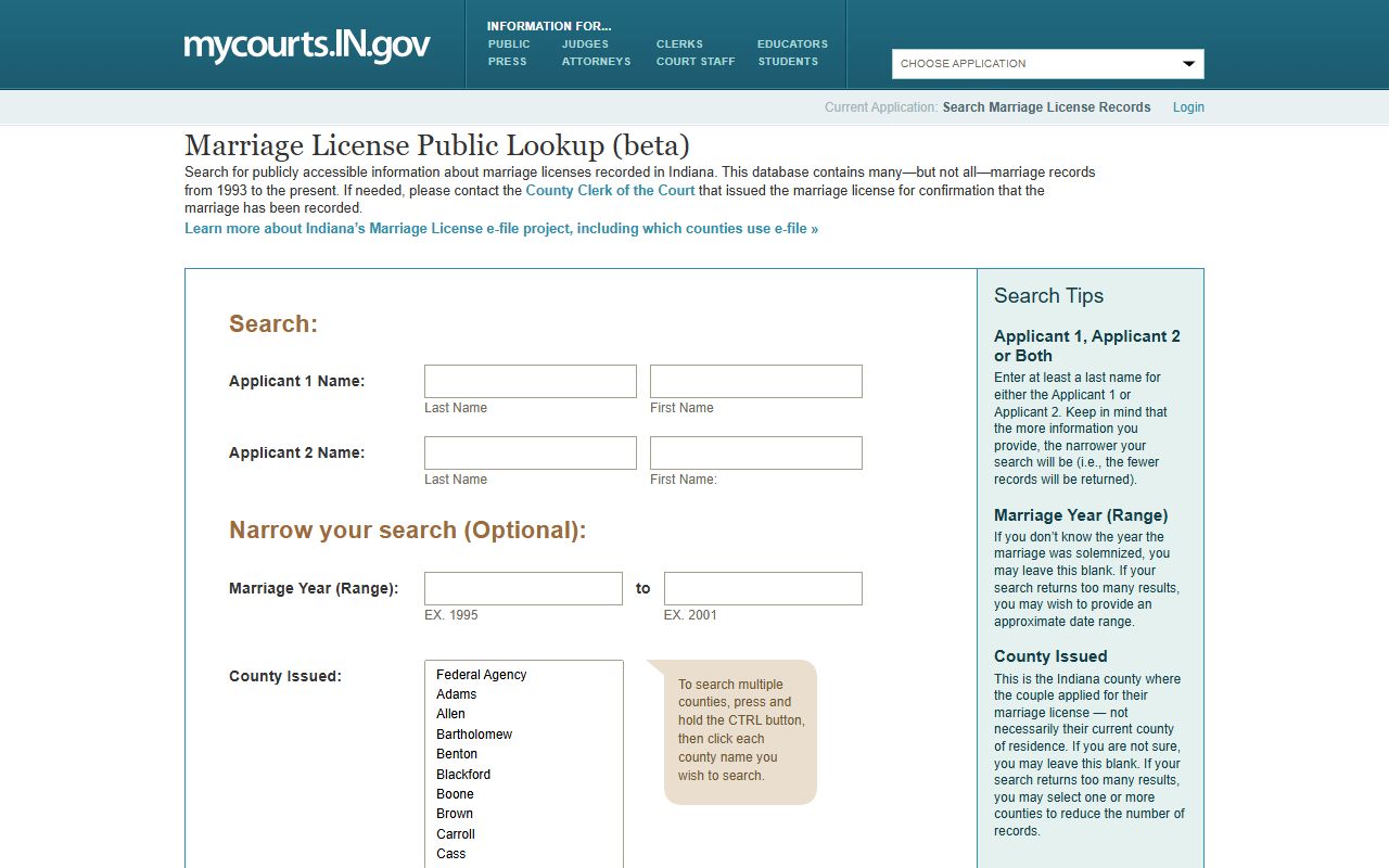 Jennings County marriage records Indiana Marriage License Public Lookup search form