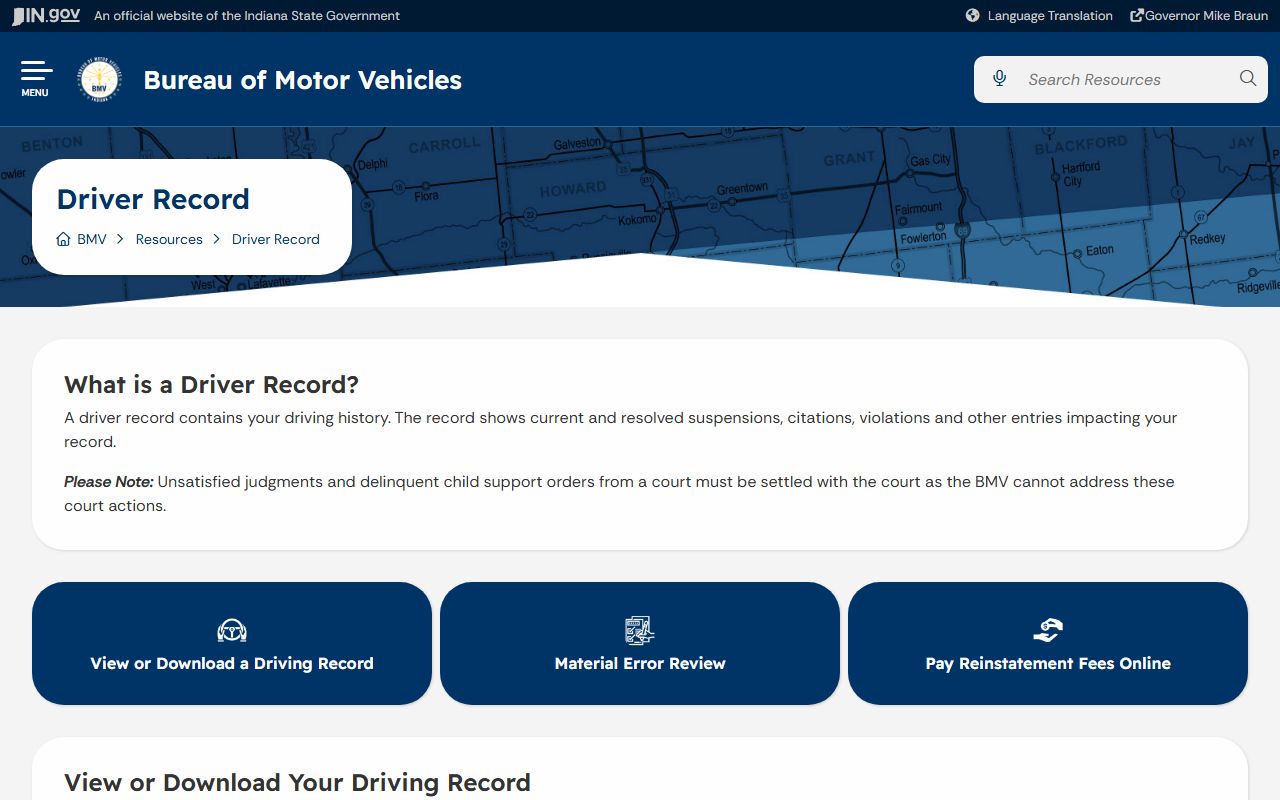Jennings County traffic court records Indiana BMV driver record access